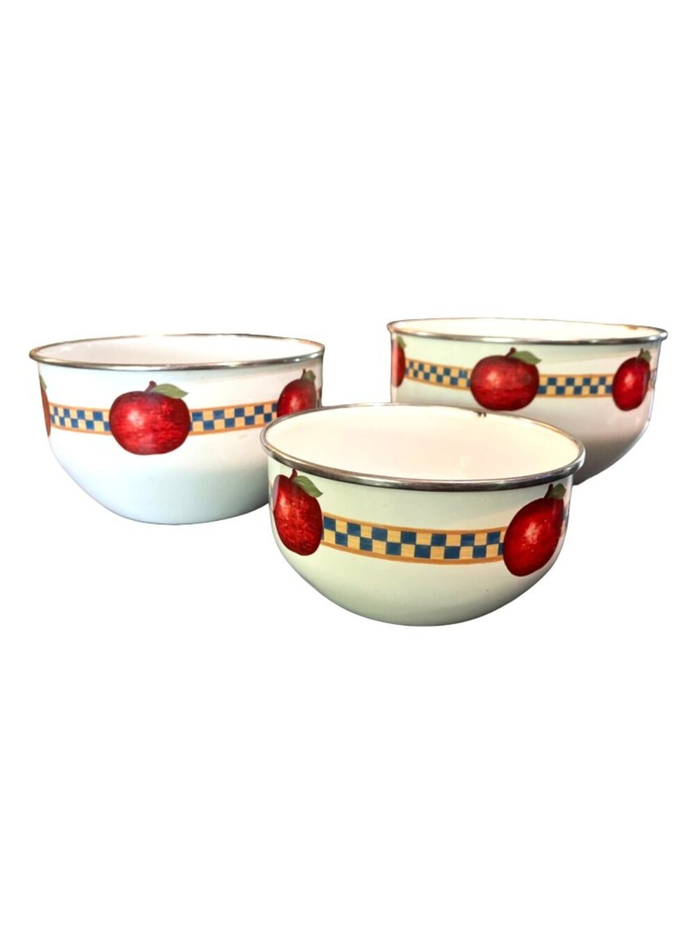 Vtg Enamelware Nesting Bowls Set Country Apples Checkered  Trim